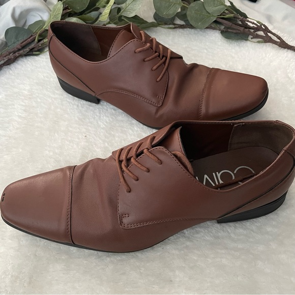 Calvin Klein Bram Lace Up Cap-Toe Leather Brown Dress Shoes - Picture 1 of 11